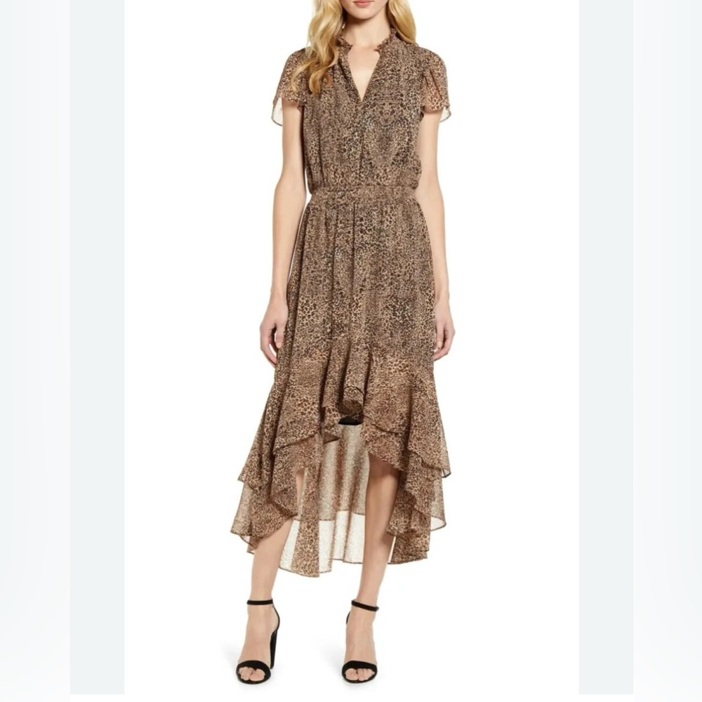 1 STATE Leopard Split Collar High Low Maxi Dress